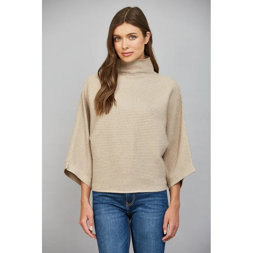 Horizontal Textured Ribbed Knit Mock Neck Sweater