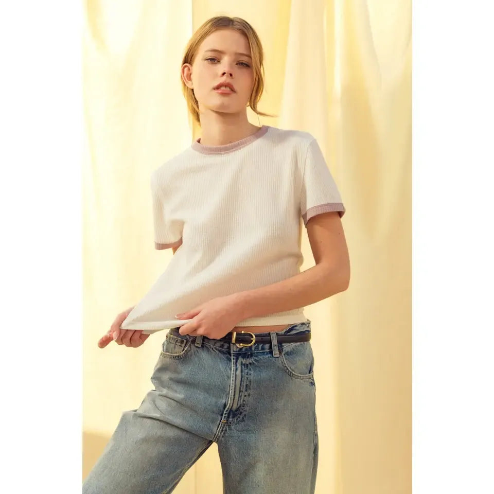 White & Lilac Combo Waffle Fabric Top