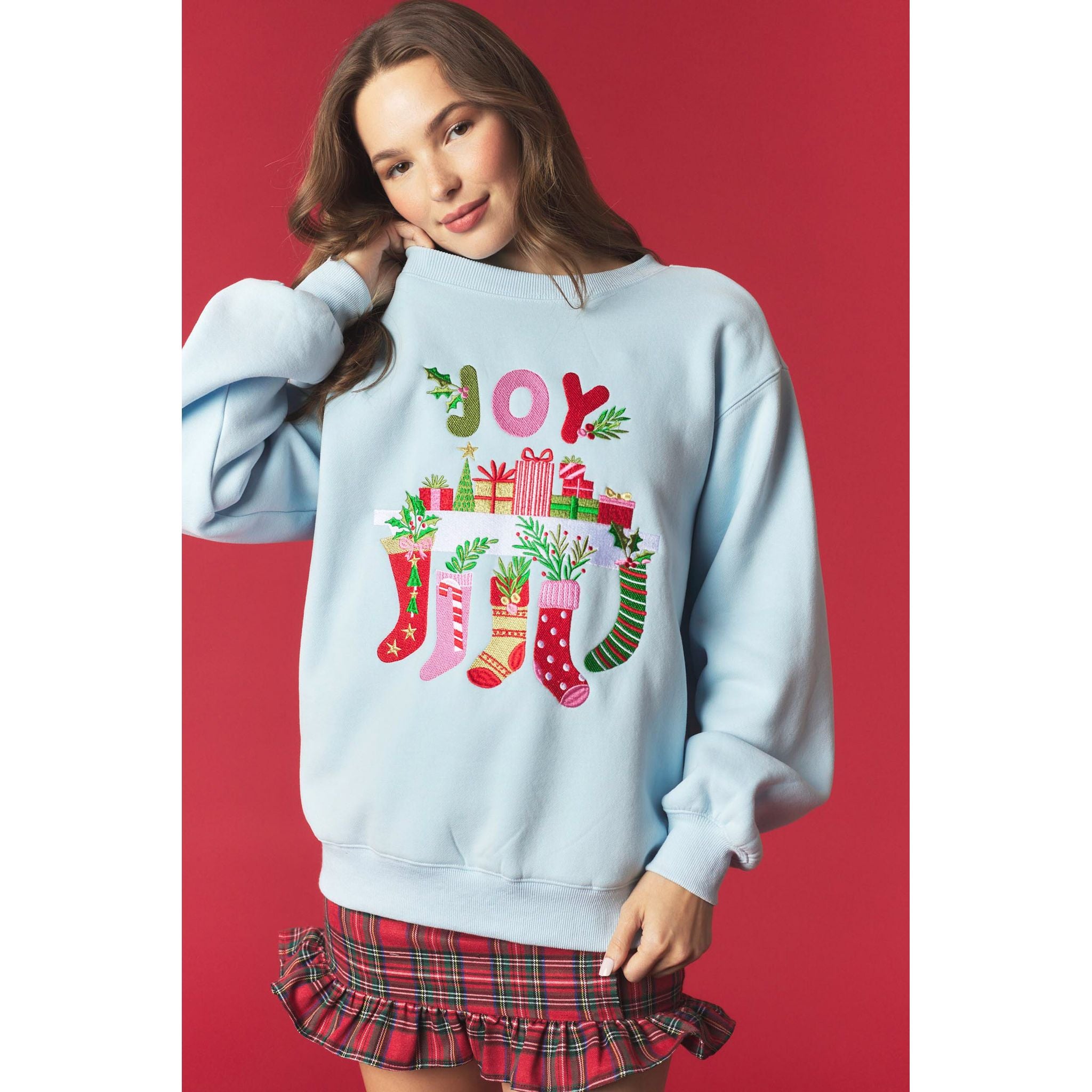 Joy and Present Embroidery Fleeced Terry Sweatshirt