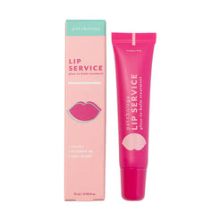 Pink lip balm tube with packaging labeled 'Lip Service' on a white background