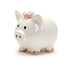 Two white piggy banks with decorative crowns on a white background