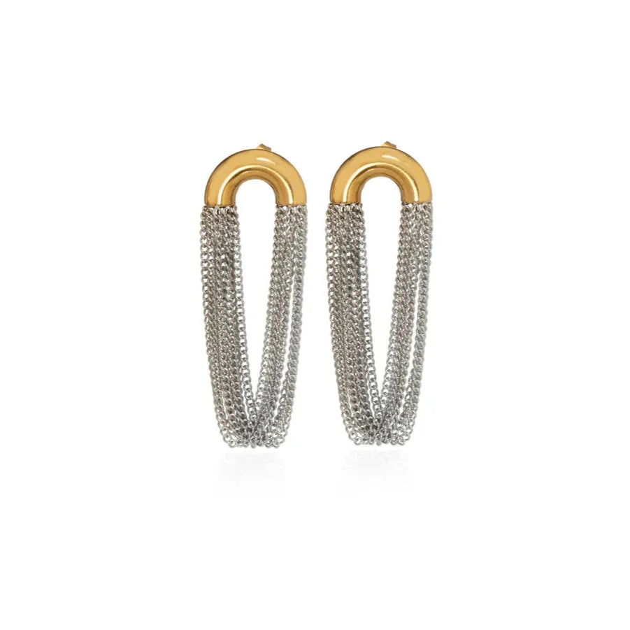 Pair of gold and silver chain earrings on a white background