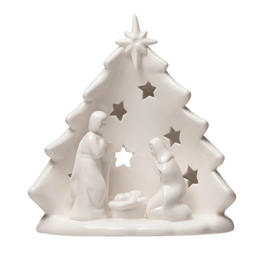 Stoneware Holy Family with Tree & Cut-Outs