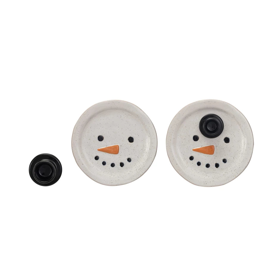 Embossed Stoneware Snowman Plate with Hat Toothpick Holder