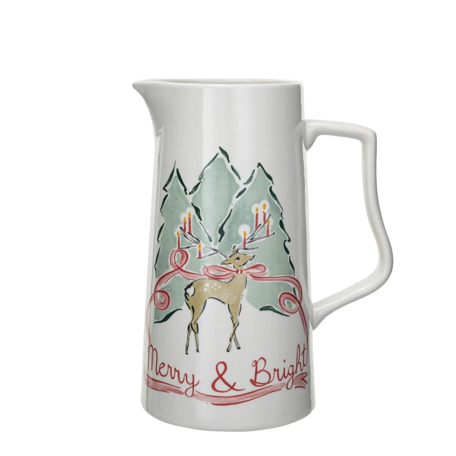 2 Quart Merry & Bright Stoneware Pitcher with Reindeer