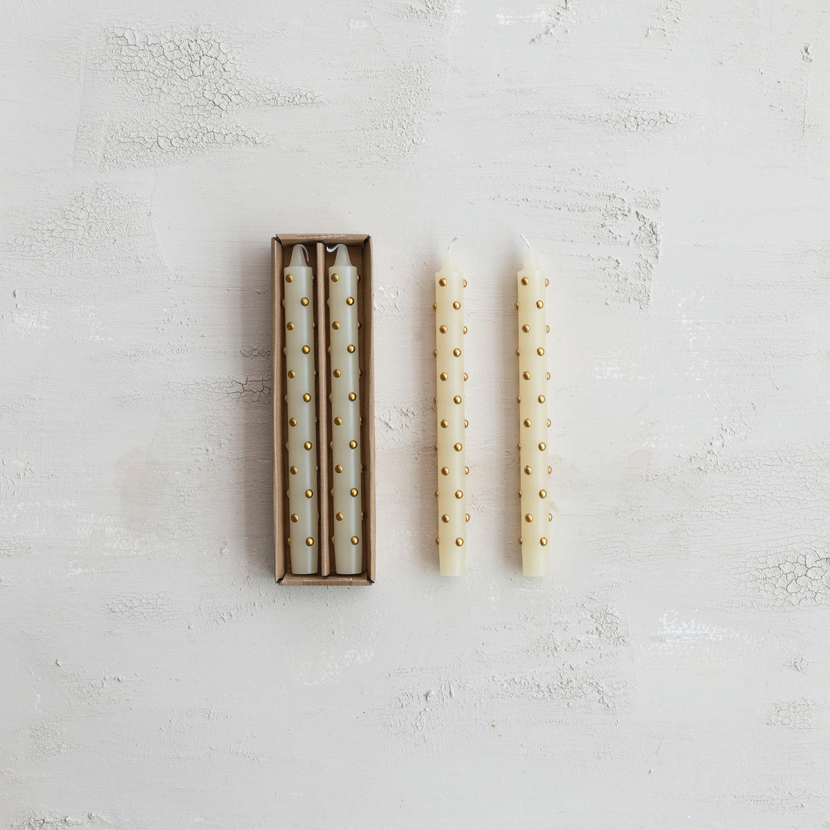 Set of 2 Unscented Taper Candles with 3D Dots in Box