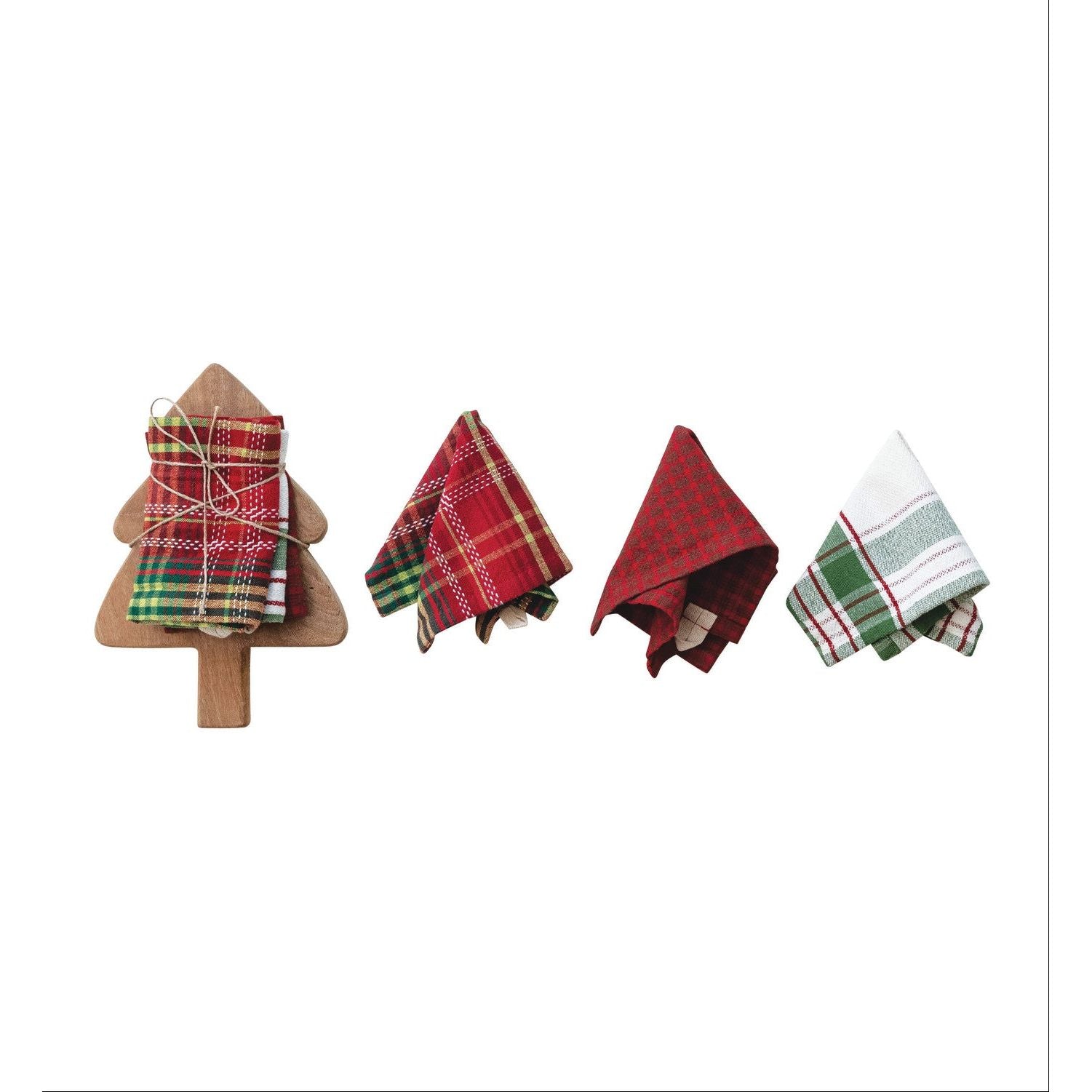 Set of four plaid Christmas tree-shaped decorations on a white background