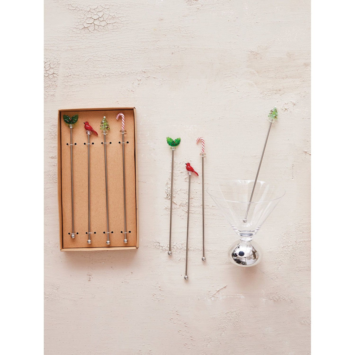 Boxed Set of 4 Cocktail Stirrers with Hand-Blown Glass Icons
