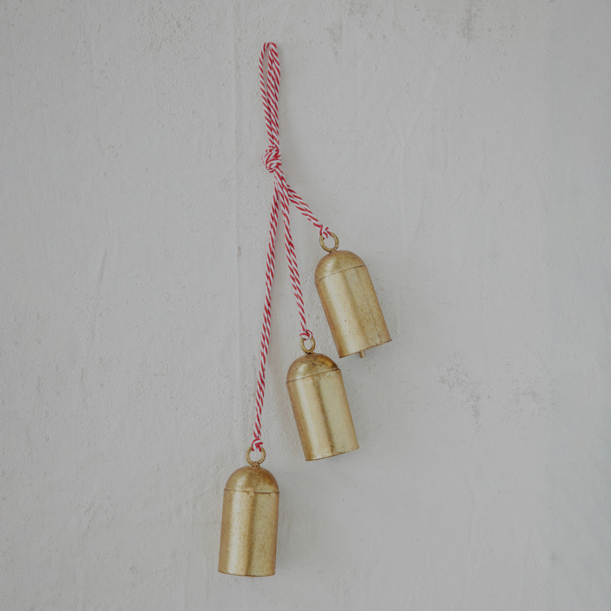 Gold Finish Hanging Metal Bells with Red & White Cord