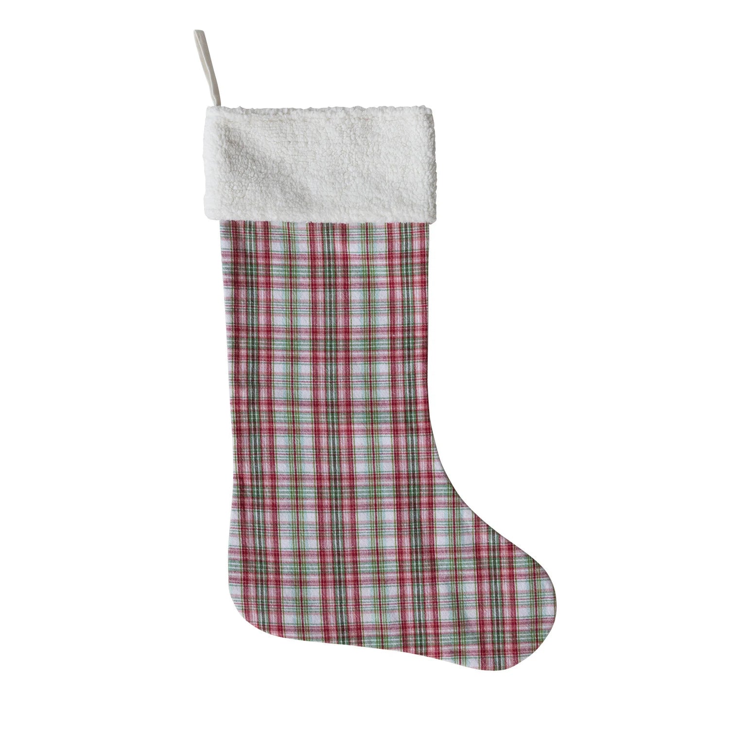 Woven Cotton 2-Sided Stocking with Plaid Pattern & Faux Sherpa Cuff