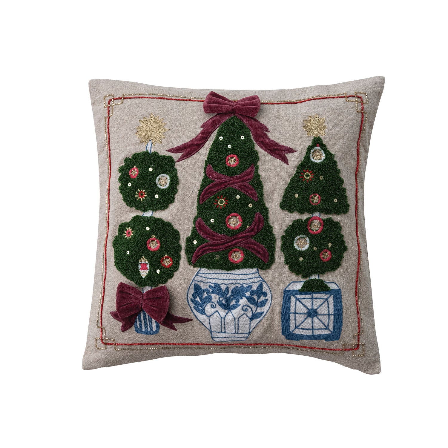 Cotton Chambray Pillow with Topiaries, Embroidery & Appliqued Velvet Bows