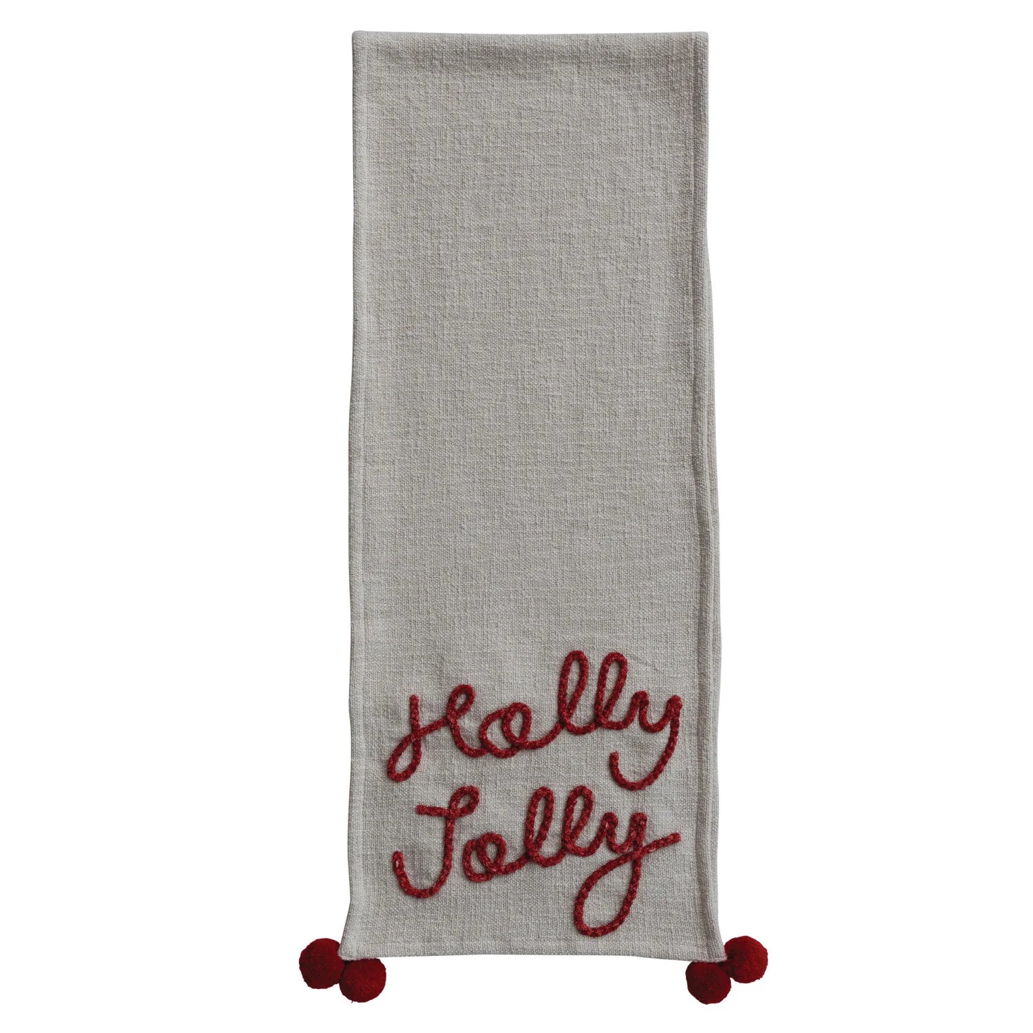 Cotton Slub Table Runner with Pom Poms & Embroidered "Holly Jolly"