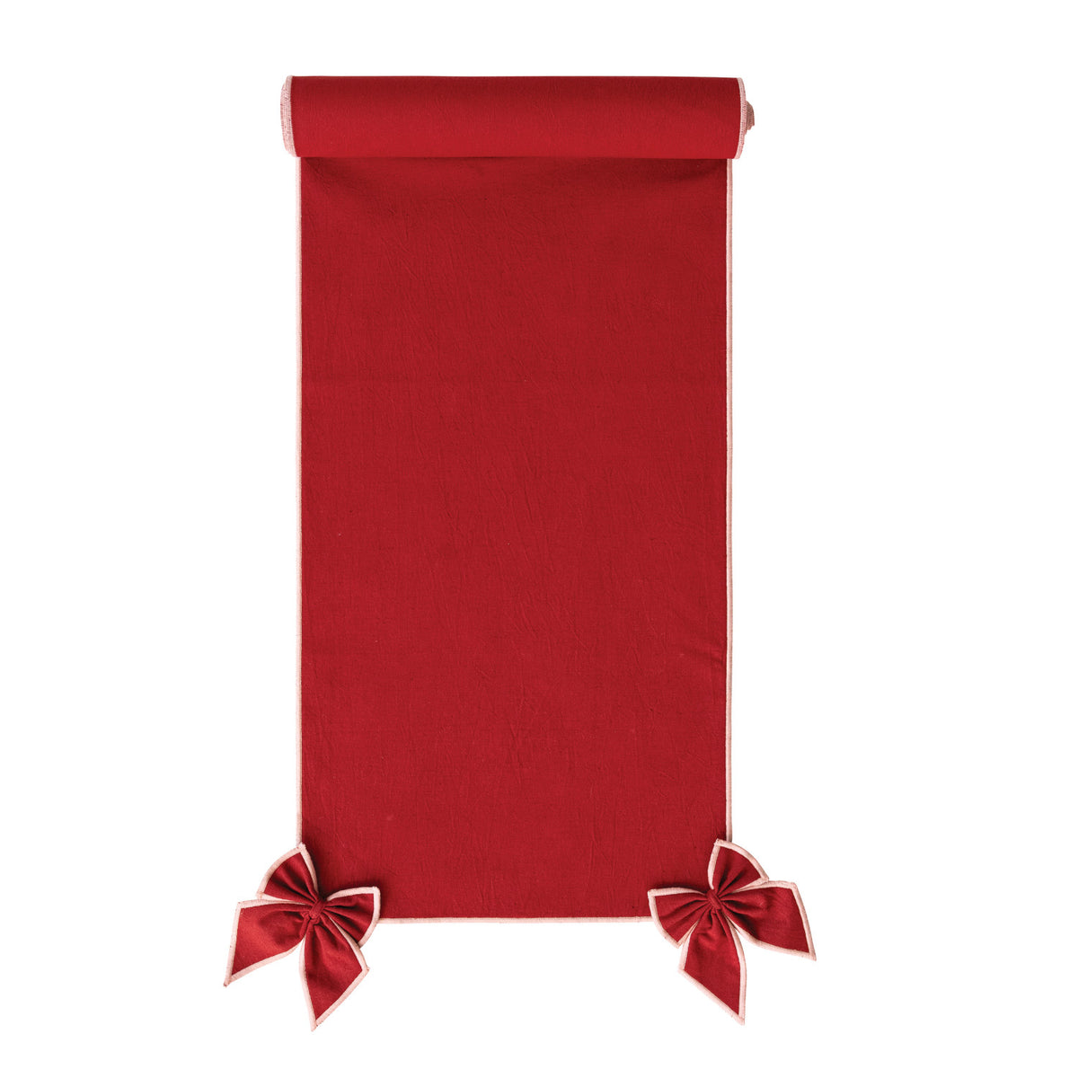 Cotton & Linen Table Runner with Detachable Bows & Pink Stitched Edge