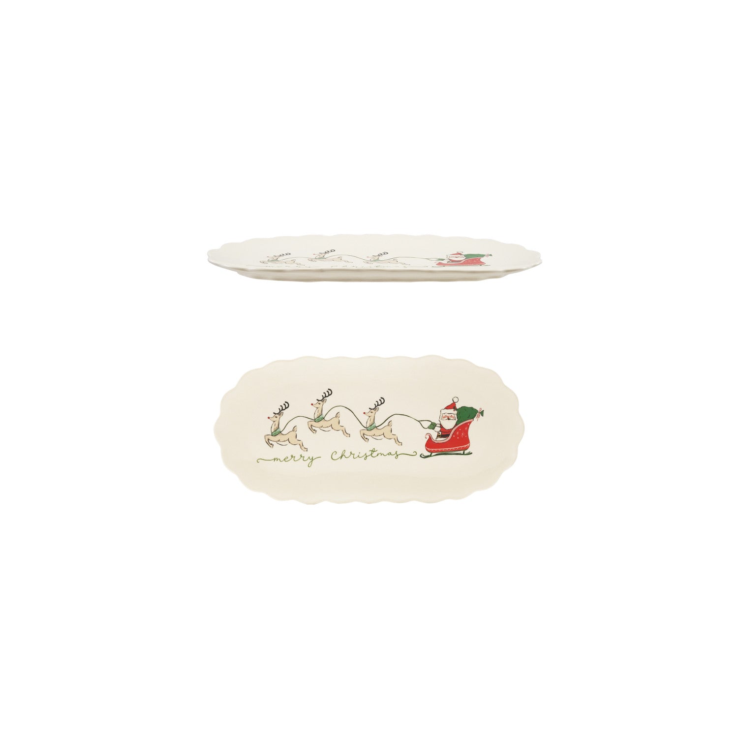 Scalloped Platter with Santa's Sleigh & Reindeer "Merry Christmas" ©