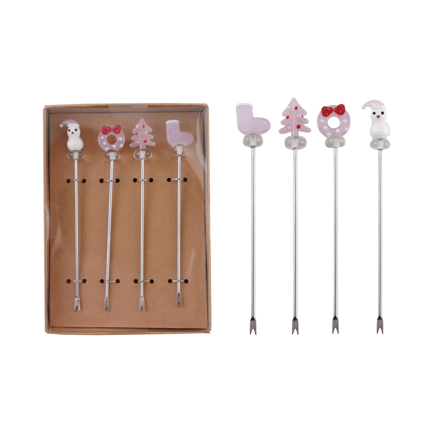 Stainless Steel Appetizer Picks with Hand-Blown Glass Holiday Icons