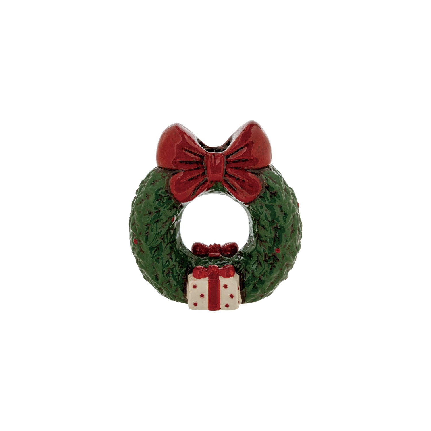 Hand-Painted Ceramic Wreath Shaped Taper Holder with Bow (Each One Will Vary)