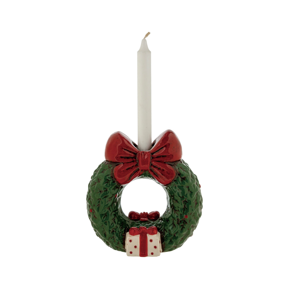 Hand-Painted Ceramic Wreath Shaped Taper Holder with Bow (Each One Will Vary)
