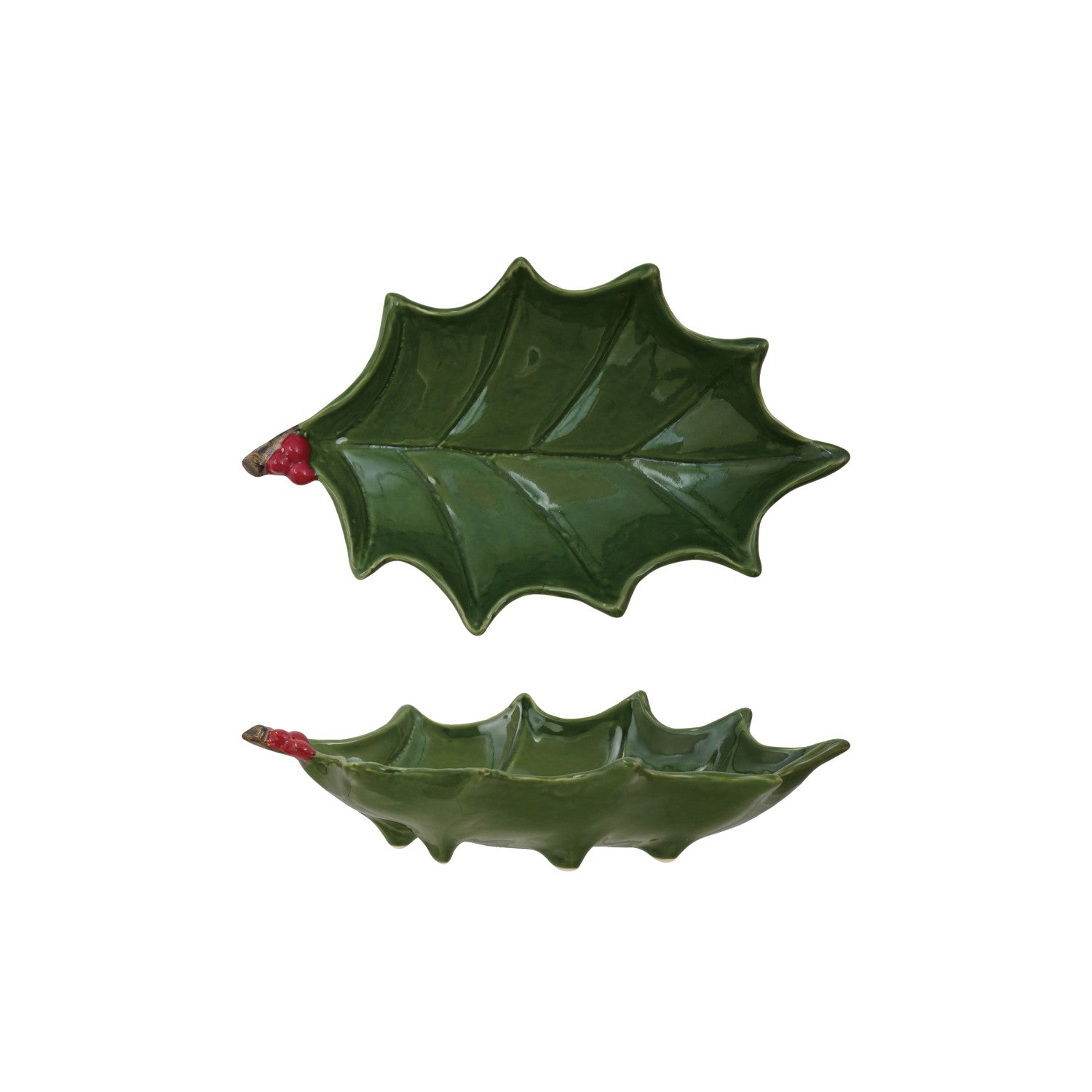 Green & Red Hand-Painted Holly Leaf Shaped Footed Tray with Berries