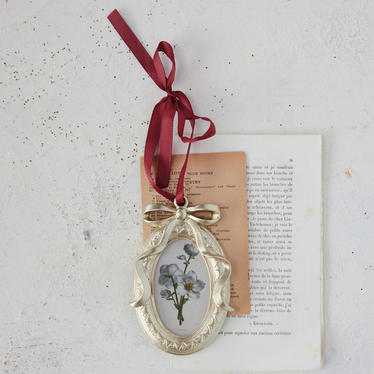 Resin Photo Frame Ornament with Bow & Burgundy Grosgrain Ribbon Hanger (Holds 2" x 3" Photo)