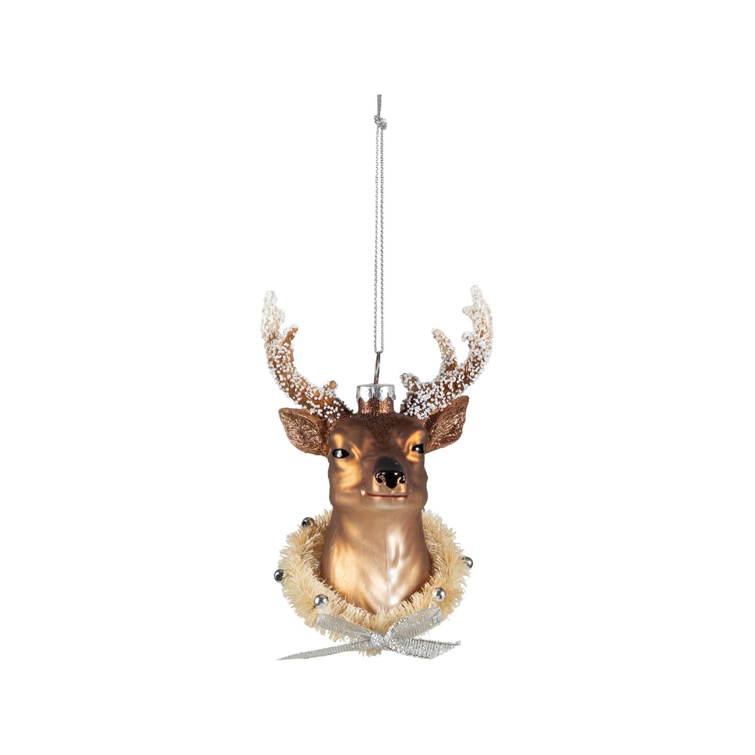 Hand-Painted Glass Deer Head Ornament with Wreath