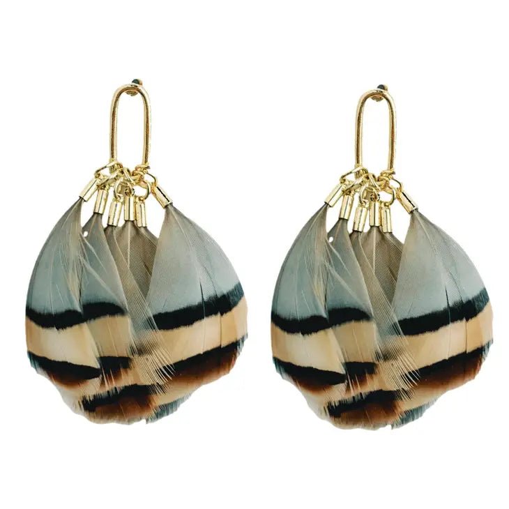 Brown Striped Feather Statement Tassel Earrings - Miles and Bishop