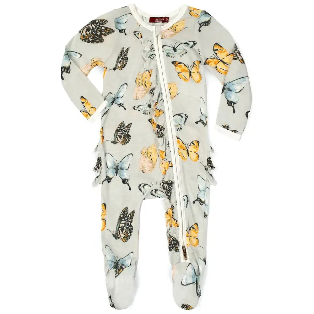 Milkbarn Butterfly Bamboo Ruffle Zipper Footie - Miles and Bishop