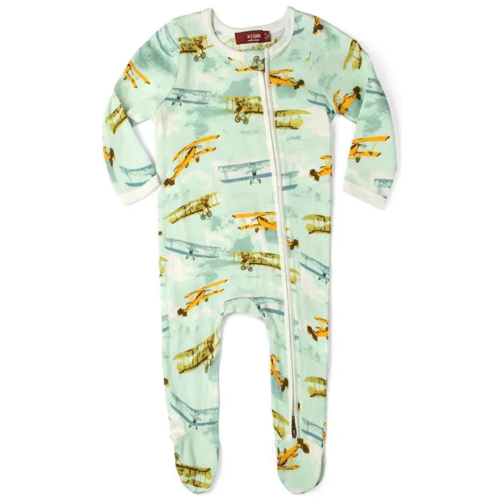 Milkbarn Vintage Planes Organic Cotton Zipper Footie - Miles and Bishop